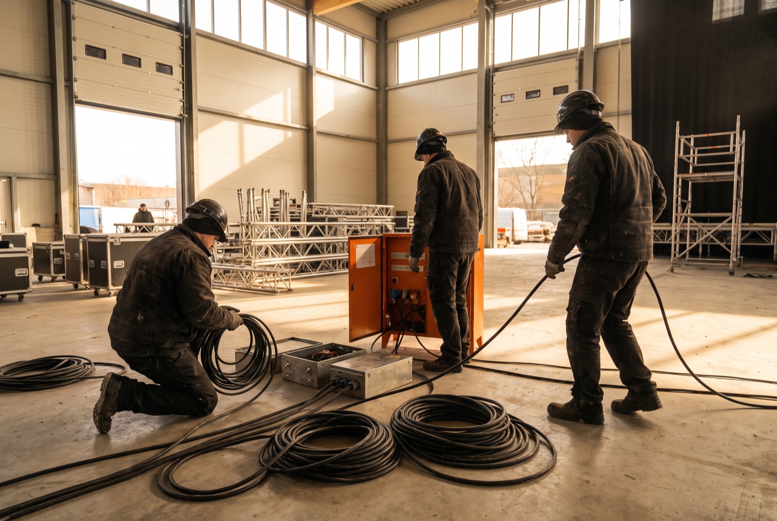 Equipo de Insdelec montando la distribución eléctrica temporal en un recinto